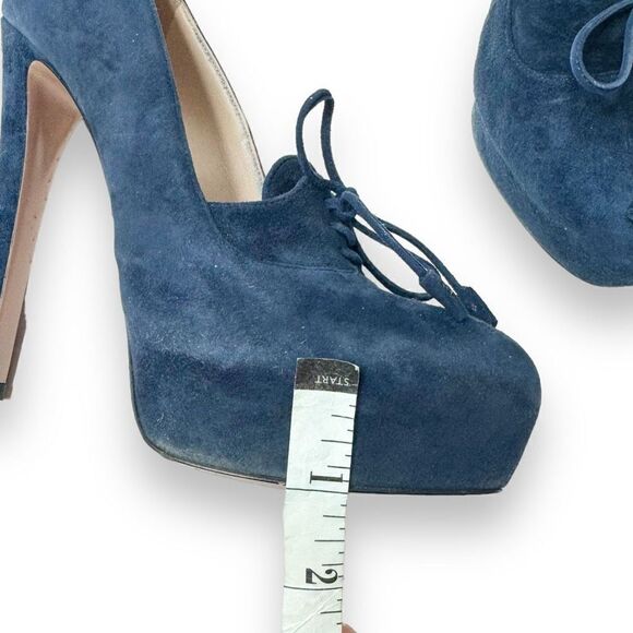 PRADA Calzature Donna Blue Suede Lace Up Suede Platform Heels Pumps Women’s 38 - Picture 11 of 12